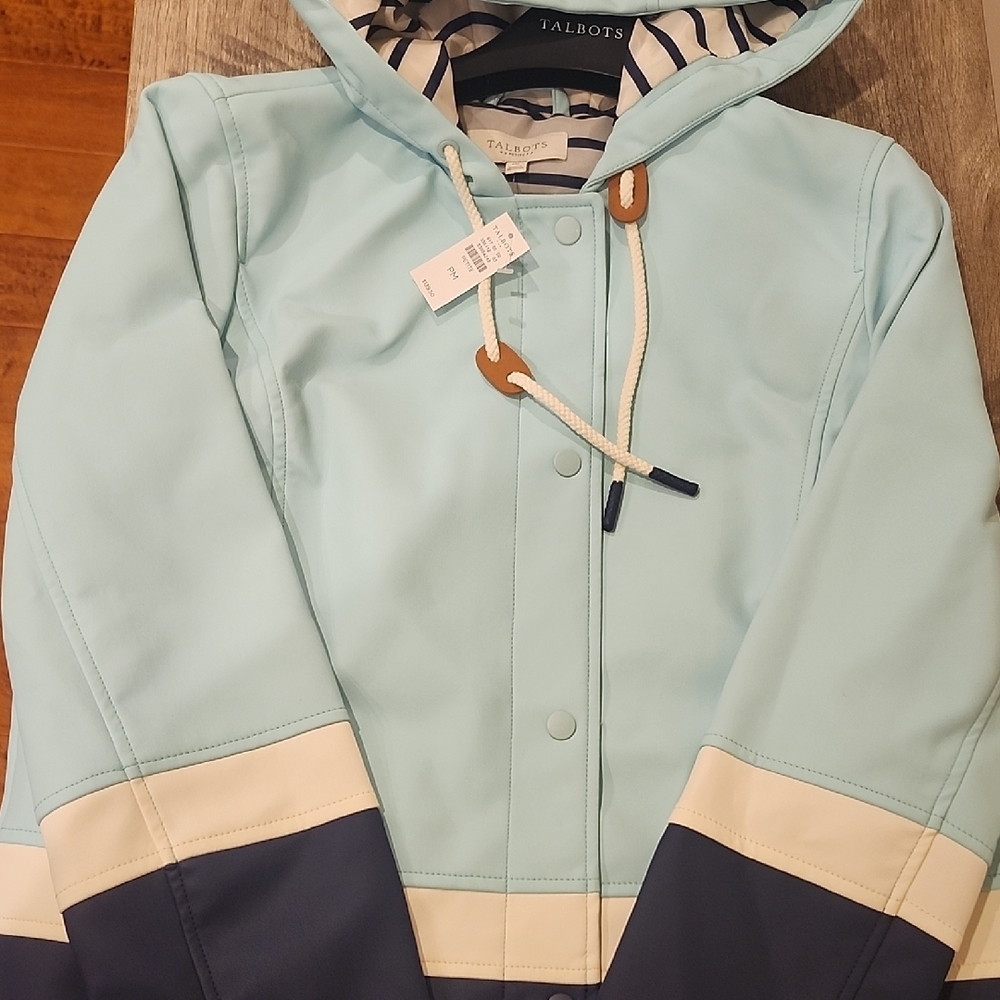 Talbots Light Mint Utility Jacket with Hood and Striped Lining